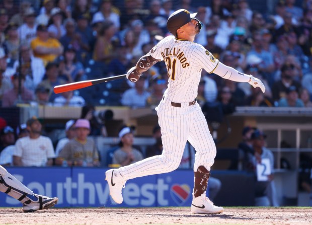 Nick Castellanos #21 of the San Diego Padres pops out against the Detroit Tigers on opening day at Petco Park on March 26, 2026 in San Diego, CA. (K.C. Alfred / The San Diego Union-Tribune)