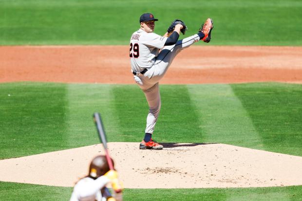 Tarik Skubal #29 of the Detroit Tigers pitches against the San Diego Padres during Opening Day at Petco Park on Thursday, March 26, 2026 in San Diego, California. (Photo by Meg McLaughlin / The San Diego Union-Tribune via Getty Images)