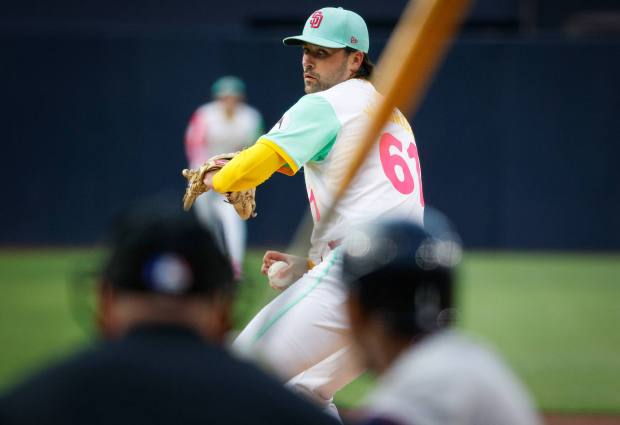 San Diego Padres starting pitcher Matt Waldron pitches against the Atlanta Braves during the first inning at Petco Park on Friday, July 12, 2024 in San Diego, CA. (Meg McLaughlin / The San Diego Union-Tribune)