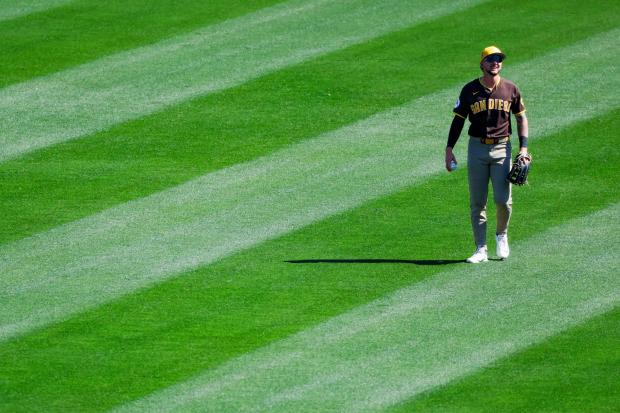 Jackson Merrill #3 of the San Diego Padres looks on during their spring training game against the White Sox at Camelback Ranch on Tuesday, March 3, 2026 in Phoenix, Ariz. (Meg McLaughlin / The San Diego Union-Tribune)