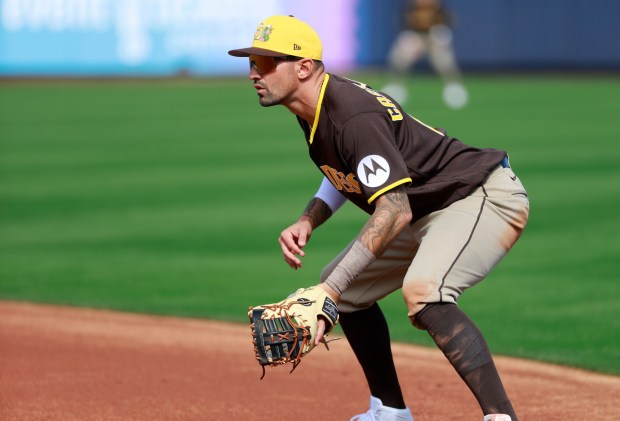 PeoriPeoria, AZ - February 20: Nick Castellanos #21 of the San Diego Padres plays first base against the Seattle Mariners during a spring training game on February 20, 2026 in Peoria, AZ.  (K.C. Alfred / The San Diego Union-Tribune)