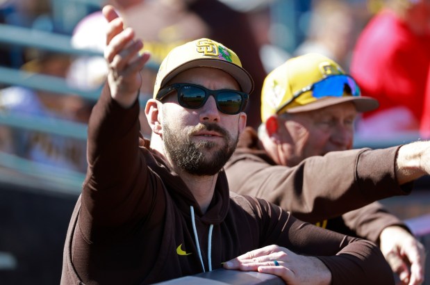 Peoria, AZ - February 20: Hitting coach Steven Souza Jr. of the San Diego Padres looks on before a game against the Seattle Mariners on February 20, 2026 in Peoria, AZ.  (K.C. Alfred / The San Diego Union-Tribune)