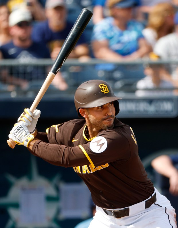 Peoria, AZ - February 23: Ramón Laureano #5 of the San Diego Padres bats during a spring training game against the Milwaukee Brewers on February 23, 2026 in Peoria, AZ. (K.C. Alfred / The San Diego Union-Tribune)