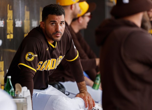 Peoria, AZ - February 23: Ramón Laureano #5 of the San Diego Padres sits in the dugout during a spring training game against the Milwaukee Brewers on February 23, 2026 in Peoria, AZ. (K.C. Alfred / The San Diego Union-Tribune)