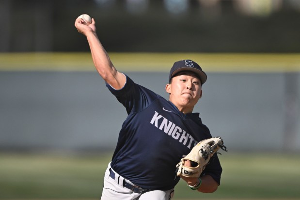 San Marcos' Carter Tsai delivers during the third inning against La Costa Canyon Tuesday, May 13, 2025, in Carlsbad, Calif. (Photo/Denis Poroy)
