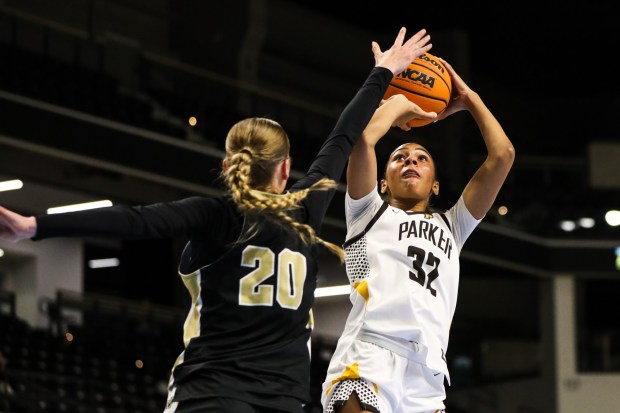Francis Parker High's Jordan Brown shoots against Westview High during the CIF Open Division championship at Frontwave Arena in Oceanside on Saturday, Feb. 28, 2026. Francis Parker defeated Westview 66-50. (Kristian Carreon / The San Diego Union-Tribune)