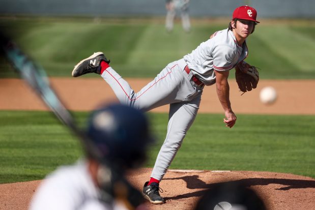 Cathedral Catholic's Kaden Kuhn (8) pitches against La Costa Canyon during their game at La Costa Canyon on Wednesday, April 2, 2025 in Carlsbad, CA. (Meg McLaughlin / The San Diego Union-Tribune)