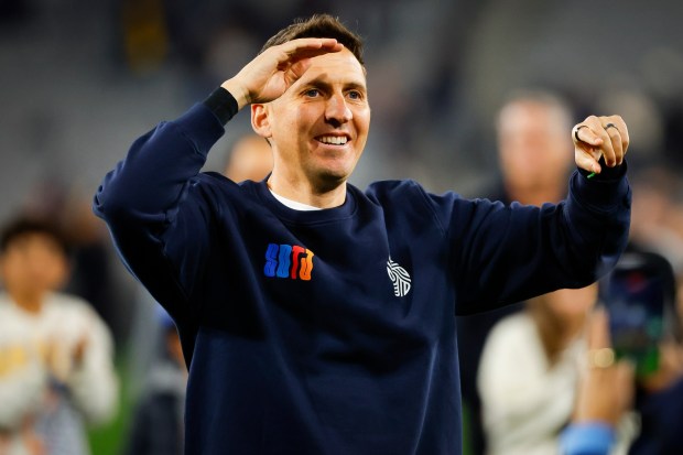 Mikey Varas of San Diego FC celebrates after the season opener against CF Montreal at Snapdragon Stadium on Saturday, Feb. 21, 2026 in San Diego, California. (Meg McLaughlin / The San Diego Union-Tribune)