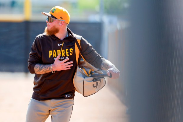 Alex Verdugo of the San Diego Padres looks on during their spring training workout at Peoria Sports Complex on Wednesday, March 4, 2026 in Peoria, Ariz. (Meg McLaughlin / The San Diego Union-Tribune)