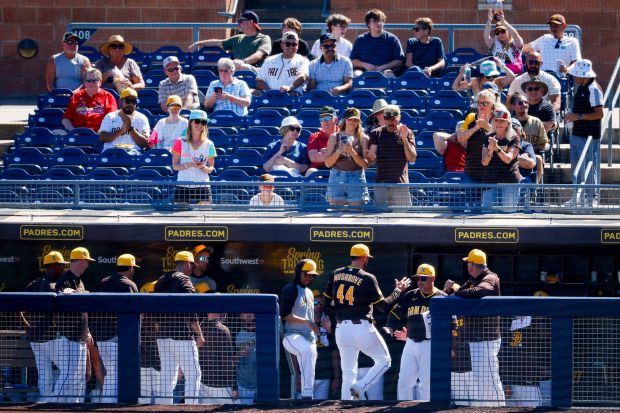 Joe Musgrove #44 of the San Diego Padres walks to the dugout after being pulled from the Friars' spring training game against the Great Britain at Peoria Sports Complex on Wednesday, March 4, 2026 in Peoria, Ariz. (Meg McLaughlin / The San Diego Union-Tribune)