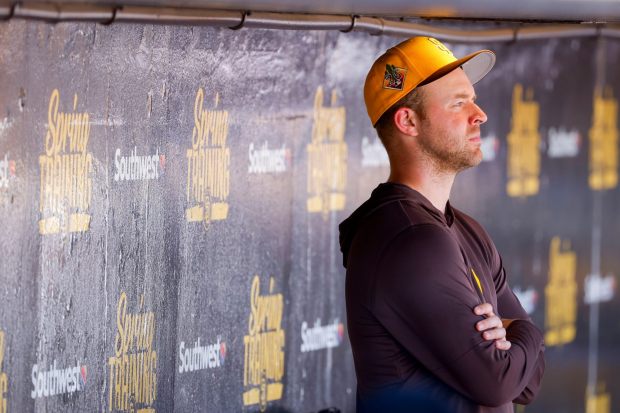 Michael King #34 of the San Diego Padres looks on during their spring training game against Great Britain at the Peoria Sports Complex on Wednesday, March 4, 2026 in Peoria, Ariz. (Meg McLaughlin / The San Diego Union-Tribune)