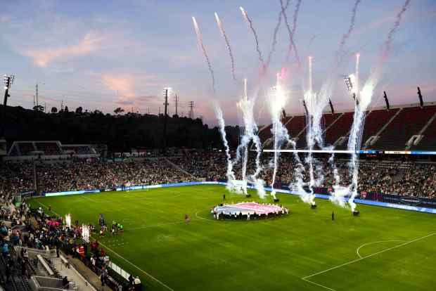 Fireworks are setoff before San Diego Wave FC match against the Utah Royals at Snapdragon Stadium on Saturday, March 22, 2025 in San Diego, CA. (Meg McLaughlin / The San Diego Union-Tribune)