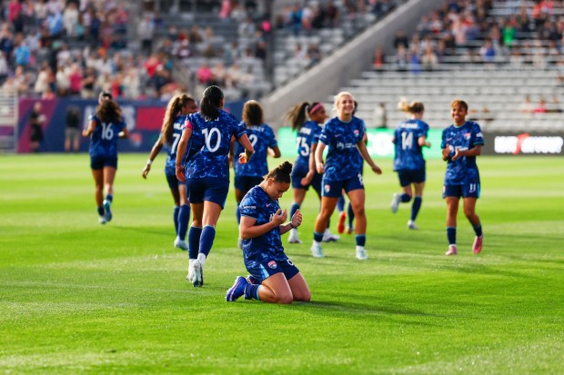 Dudinha #88 of the San Diego Wave FC celebrates after a goal against the Portland Thorns FC during their match at Snapdragon Stadium on Wednesday, March 25, 2026 in San Diego, California. (Meg McLaughlin / The San Diego Union-Tribune)