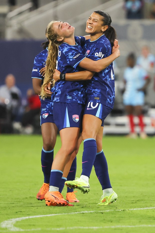Kimmi Ascanio and Kenza Dali of San Diego Wave FC celebrate after a goal against Chicago Stars at Snapdragon Stadium on Saturday, Oct. 18, 2025 in San Diego, California. (Meg McLaughlin / The San Diego Union-Tribune)