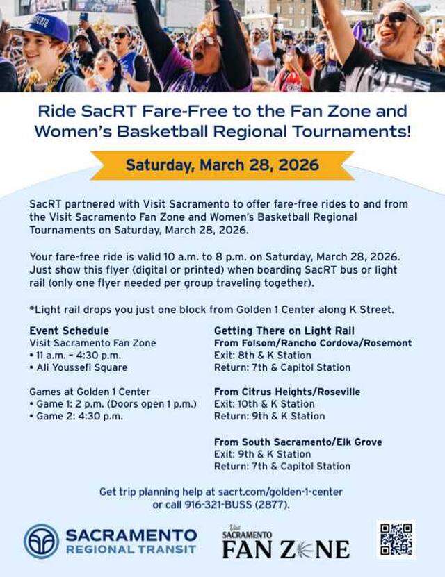 Sacramento Regional Transit is providing free rides to residents trying to get to the Sacramento Fan Zone on Saturday, March 28. Residents are eligible for a free ride from 10 a.m. to 8 p.m., according to Sacramento Regional Transit.