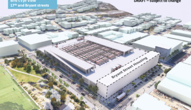 Aerial rendering of an urban block at 17th and Bryant streets, highlighting a building labeled "Bryant Street Housing" and surrounding streets; labeled as a draft.