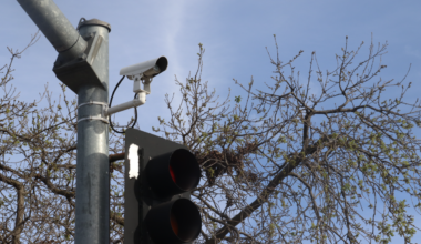 One of Santa Clara County’s many security cameras sits atop a street light in Palo Alto. “We would like the city to just turn them off until we can be 100% sure that the data is not being used in a way that it wasn’t designed,” Palo Alto Neighborhoods Association co-chair Rebecca Sanders said.