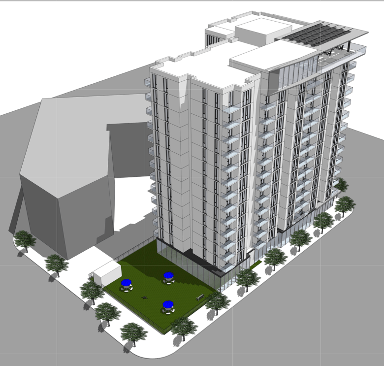 In gray scale, a tall boxy building next to a shorter, chevron shaped building.