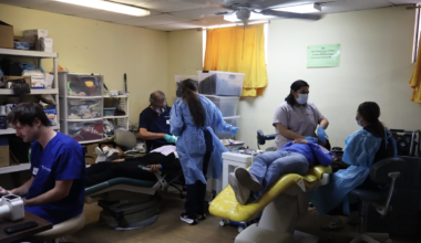 A still shot of the monthly medical clinic in Tijuana, set up by SDSU's Flying Samaritans.