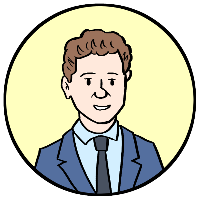Cartoon illustration of a man with short brown hair wearing a blue suit, light shirt, and dark tie, shown from the shoulders up inside a circular frame with a light yellow background.