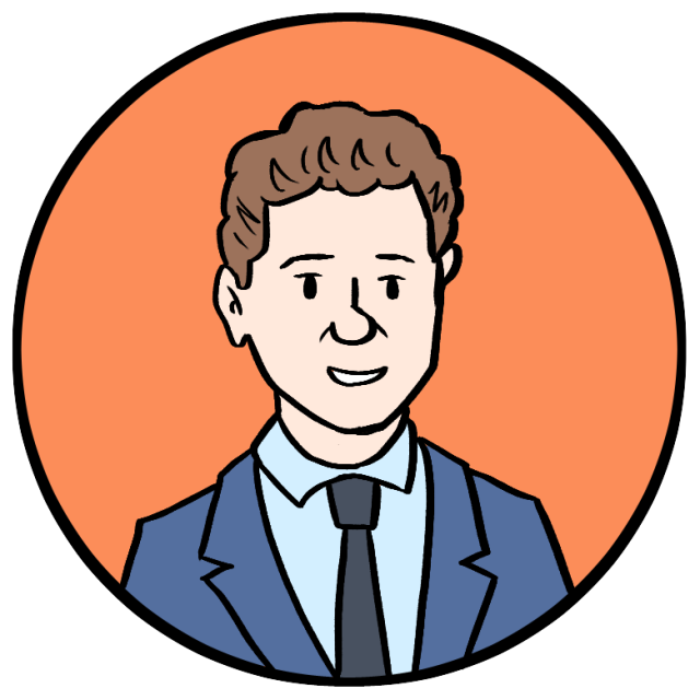 Cartoon illustration of a person with short brown hair wearing a blue suit, white shirt, and black tie, set against an orange circular background.