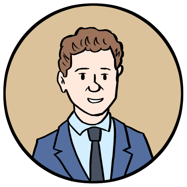 Cartoon illustration of a man with short brown hair wearing a blue suit, light blue shirt, and black tie, inside a circular beige background.