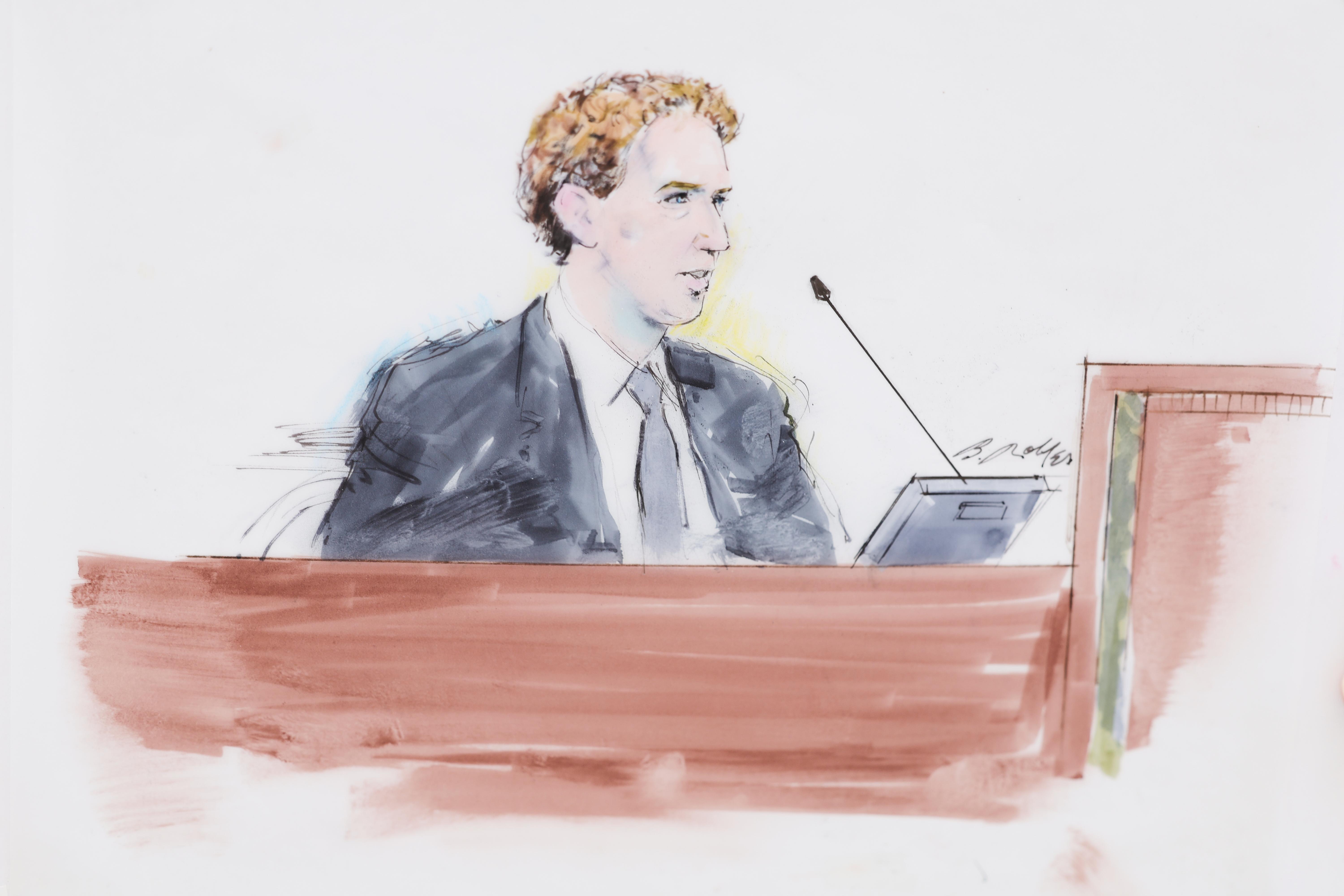 This courtroom sketch shows Meta CEO Mark Zuckerberg testifying in a landmark trial.