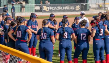 The SRJC softball team huddles together ahead of their game against Butte College on Feb. 3, 2026.