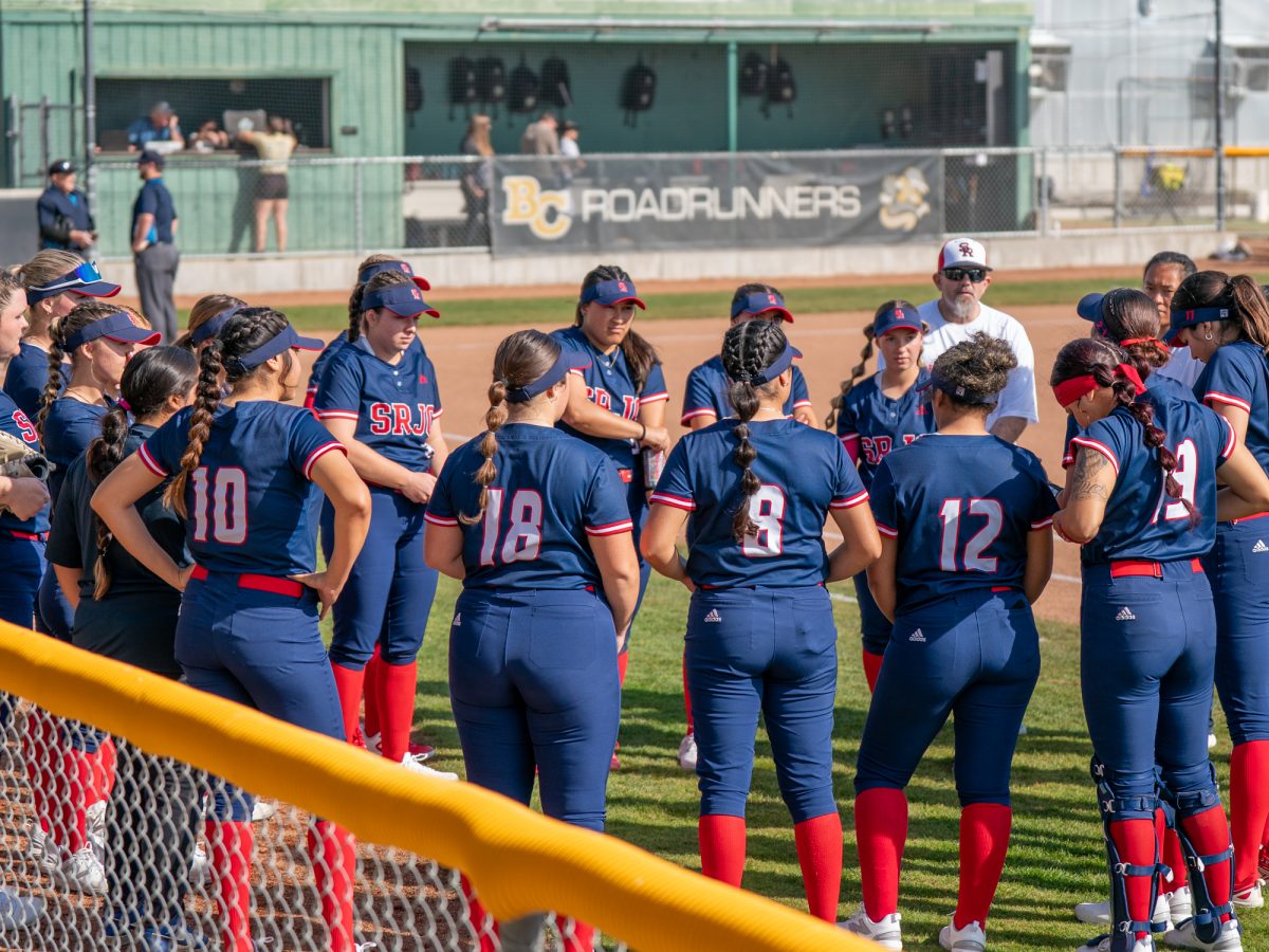 The SRJC softball team huddles together ahead of their game against Butte College on Feb. 3, 2026.