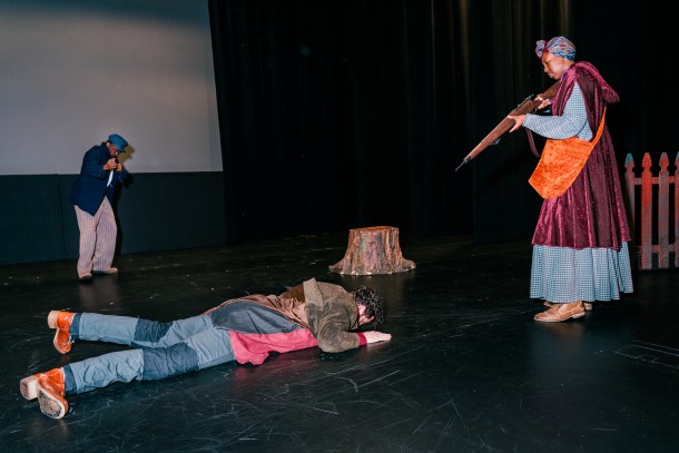From left: Rob Karma Robinson, Hunter Hoffman and Tiffany Oglesby rehearse a scene from the “Harriet Tubman and the Underground Railroad” performance on Feb. 28, 2026 at The Sofia, home of B Street Theatre in Sacramento, California. (Photo by Andri Tambunan)