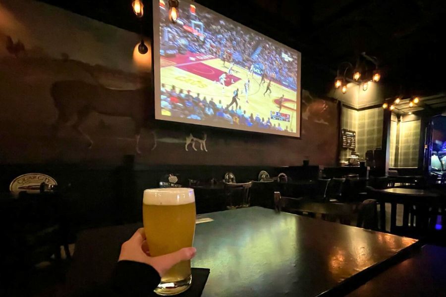 A person watching a basketball game at Stalking horse sports bar in Los Angeles.