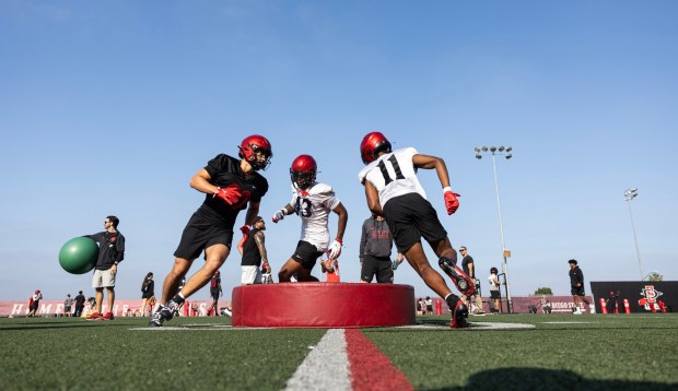 San Diego State players go through a drill during the first of 15 spring practices over the next six weeks. (Justin Truong / SDSU Athletics)
