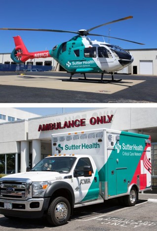 A photo of a Sutter-branded helicopter and a Sutter-branded ambulance