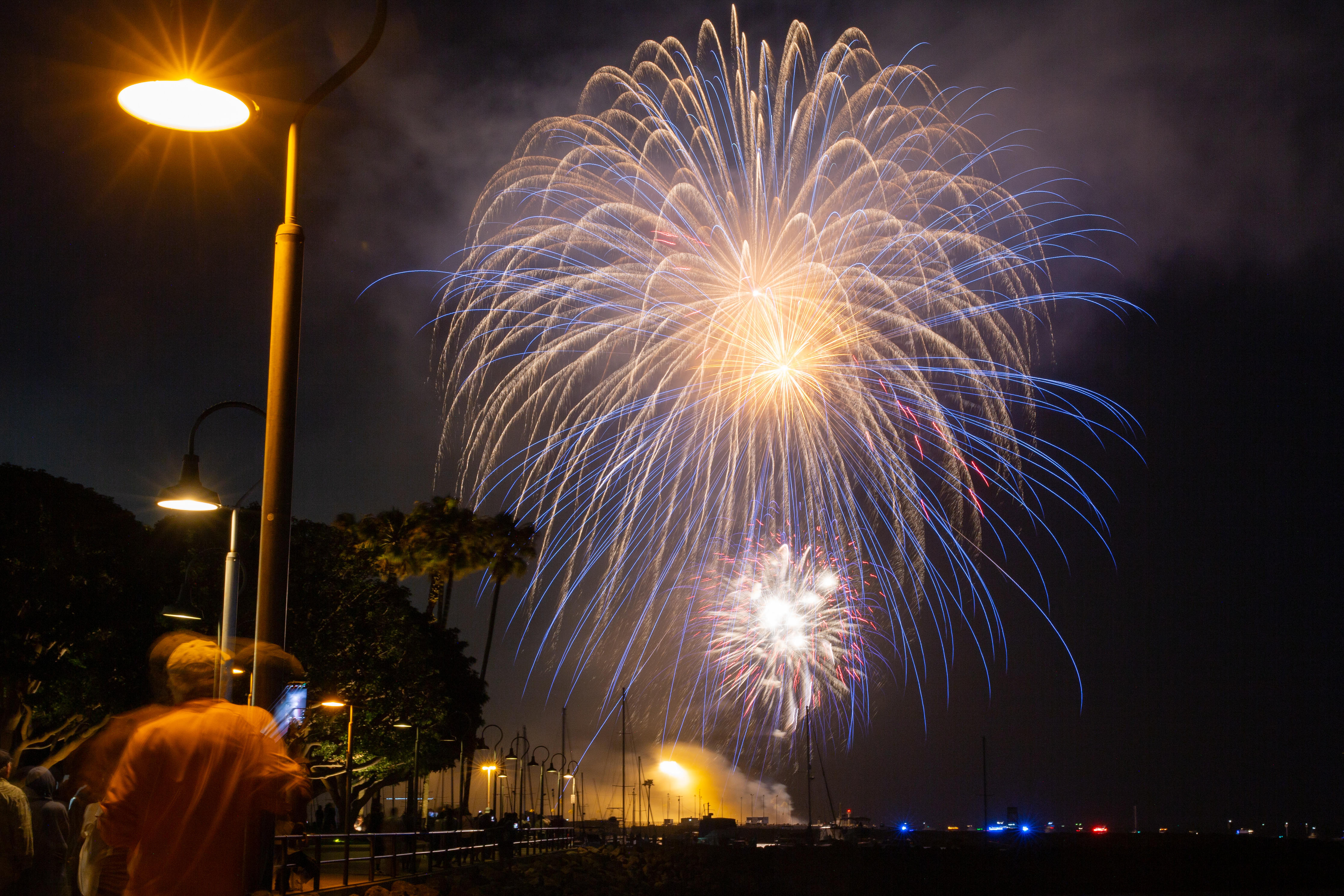 Hundreds of people watch as fireworks explode over the Port...