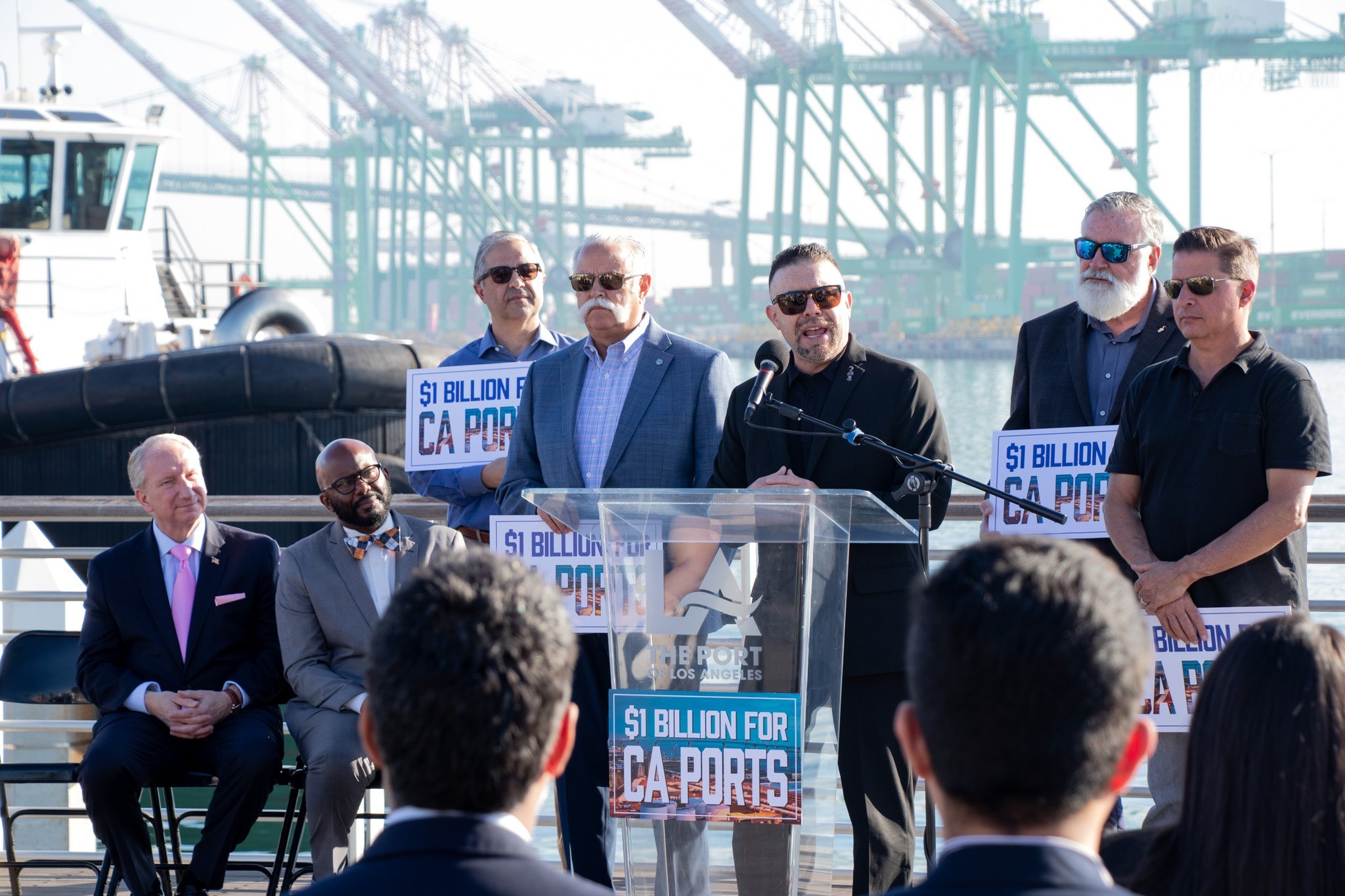 ILWU President Gary Herrera speaking at a press conference at...