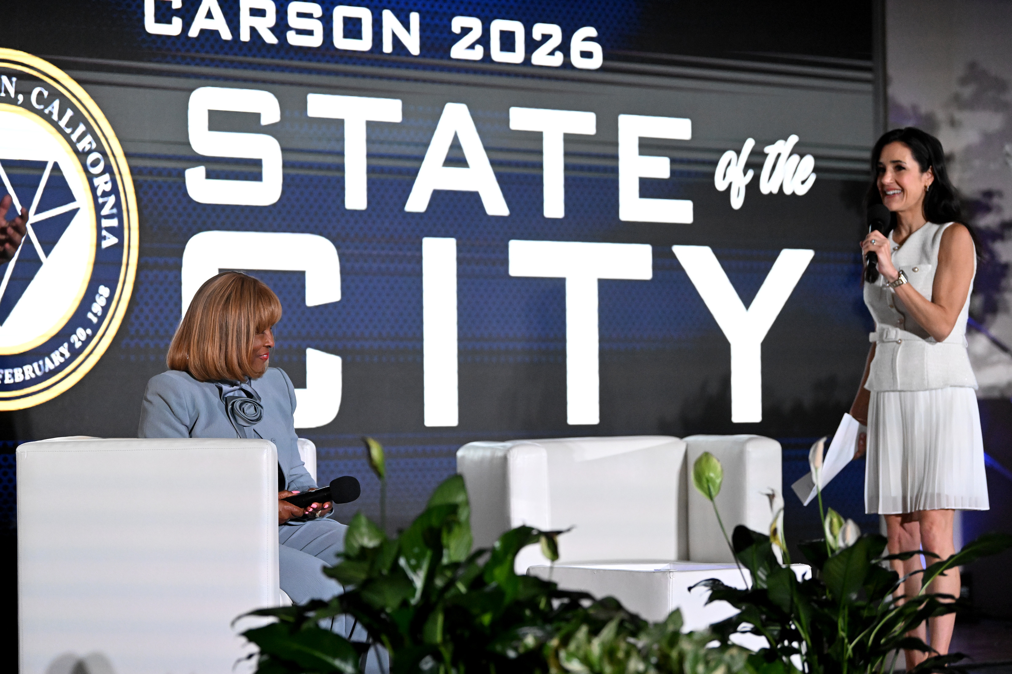 Carson Mayor Lula Davis-Holmes speaks with emcee Marla Tellez at...