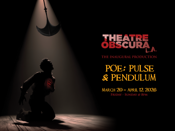 Dramatic spotlight on kneeling figure beneath pendulum blade for Poe: Pulse and Pendulum immersive horror production