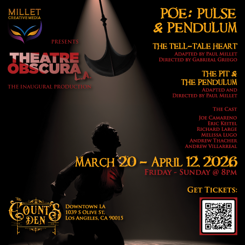 Silhouetted performer kneeling under a hanging pendulum blade spotlight for Poe: Pulse and Pendulum at Theatre Obscura LA