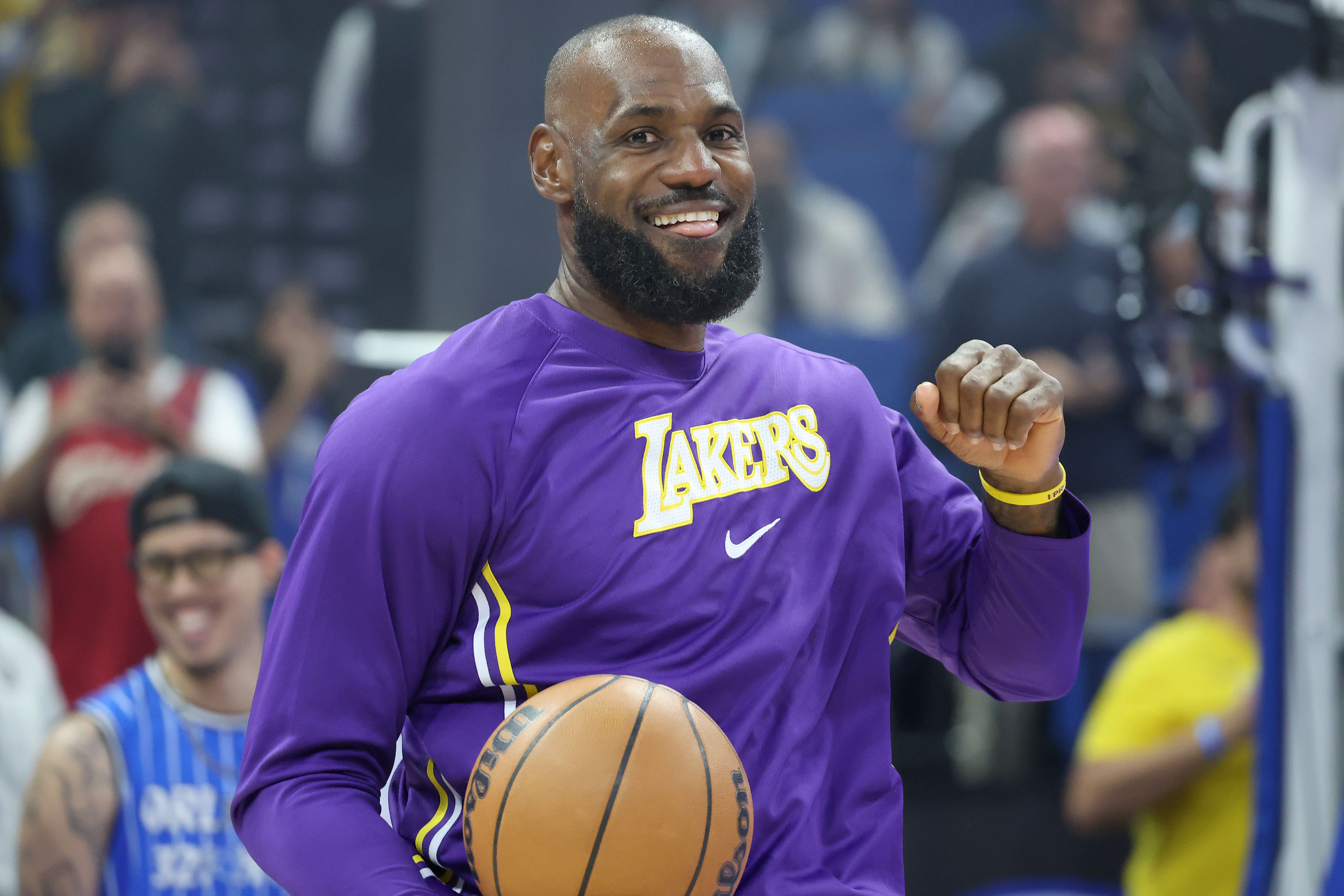 LA forward LeBron James smiles before the Los Angeles Lakers...