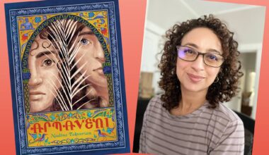 An in mage of a book cover, colorful and detailed with two faces, alongside an image of a woman in glasses and curled hair, looking into the camera