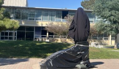 The Cesar Chavez statue at Fresno State was covered on Wednesday, March 18, 2026. (GV Wire/Anya Ellis)