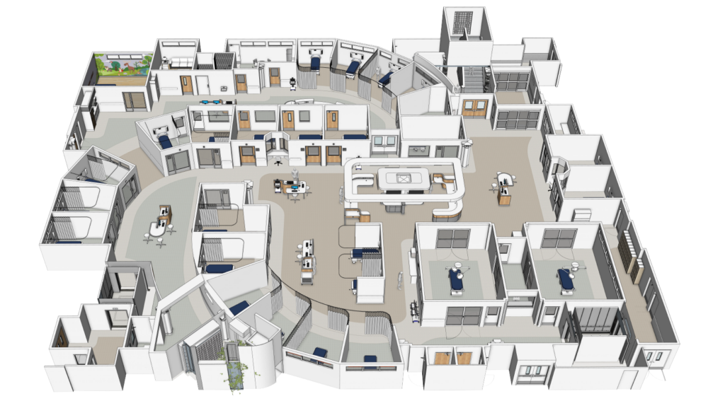 A detailed 3D architectural floor plan of an emergency room set design for the show The Pitt. The overhead view shows a complex layout of white-walled treatment bays, central nursing stations, and specialized medical rooms, designed by Nina Ruscio.