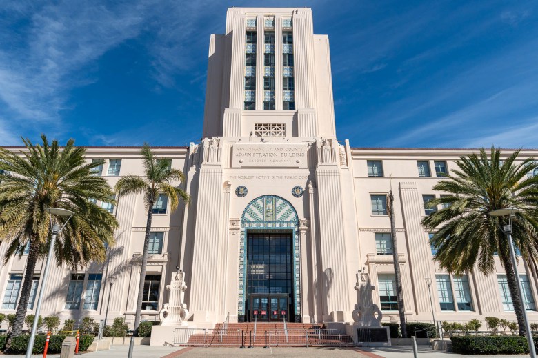 The San Diego City and County Administration Building as seen from its Waterfront-facing side. (Photo by Thomas Murphy / Times of San Diego)