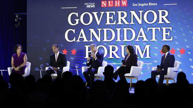 Five of the eight Democratic candidates for governor debate policy at the NUHW Governor Candidate Forum last year in Los Angeles. The field lacks a clear front runner less than three months ahead of California’s June 2 primary. (Carlin Stiehl/Los Angeles Times/TNS)