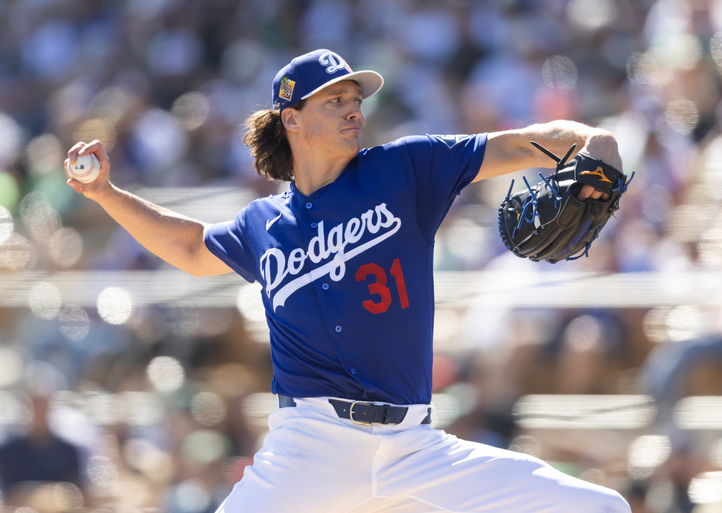 Mar 4, 2026; Glendale, AZ, USA; Los Angeles Dodgers pitcher Tyler Glasnow against Team Mexico during a spring training game at Camelback Ranch. Mandatory Credit: Mark J. Rebilas-Imagn Images