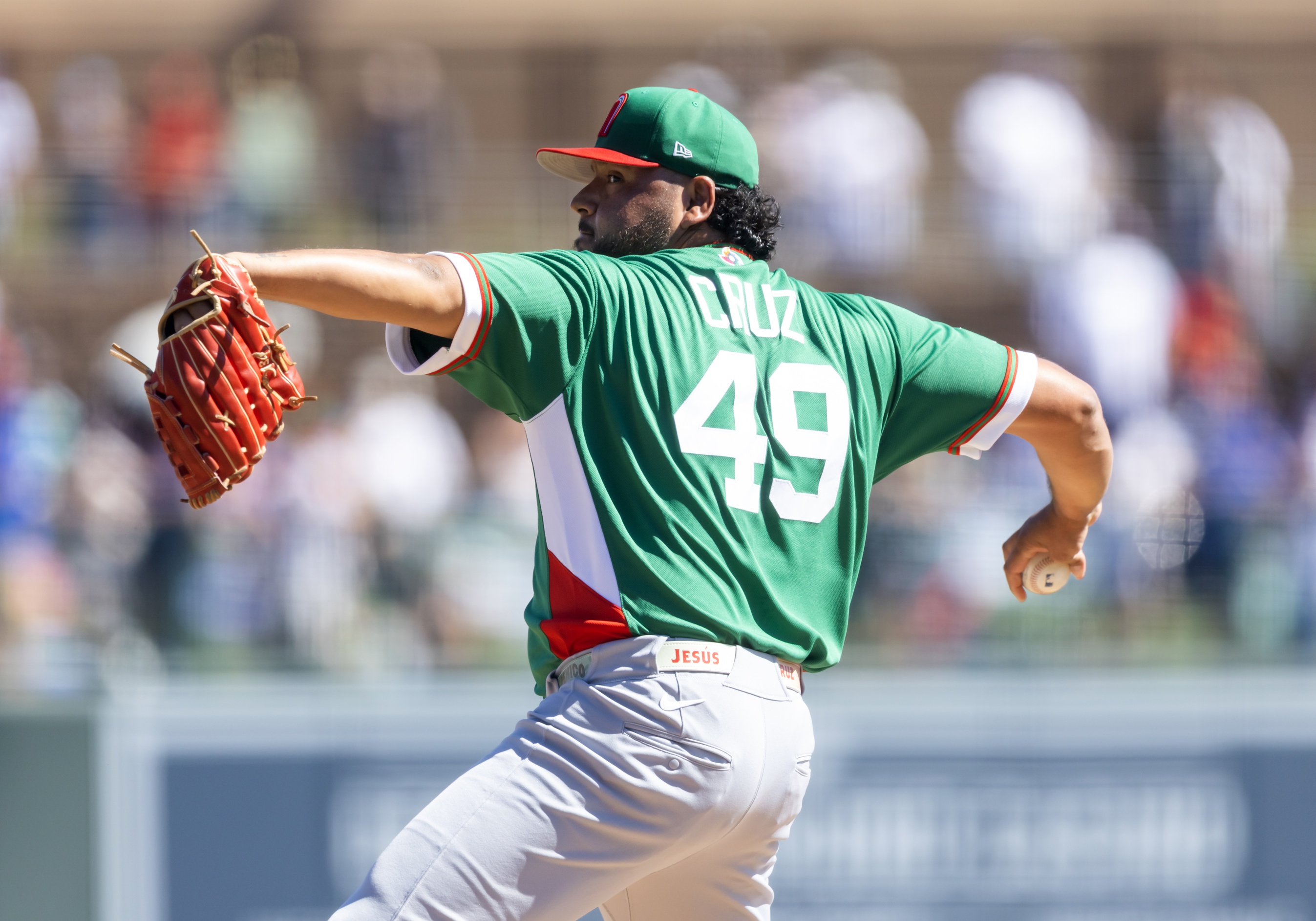 Mar 4, 2026; Glendale, AZ, USA; Team Mexico pitcher Jesus Cruz against the Los Angeles Dodgers during a spring training game at Camelback Ranch. Mandatory Credit: Mark J. Rebilas-Imagn Images