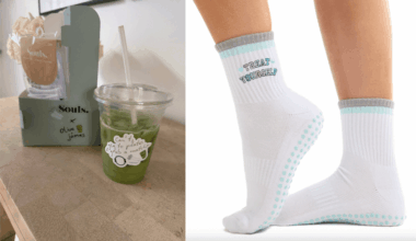 Free Pilates grip socks offered with matcha drink at Melrose café