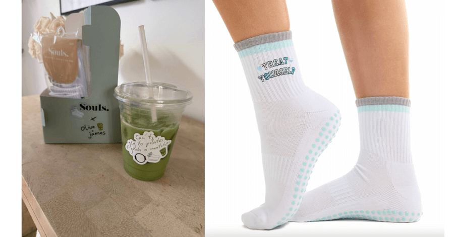 Free Pilates grip socks offered with matcha drink at Melrose café