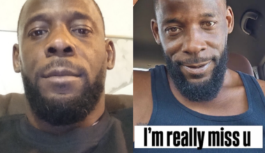 Side-by-side photos of a man with a beard; left image shows him in a neutral pose, right image shows him smiling with text that reads "I'm really miss u.