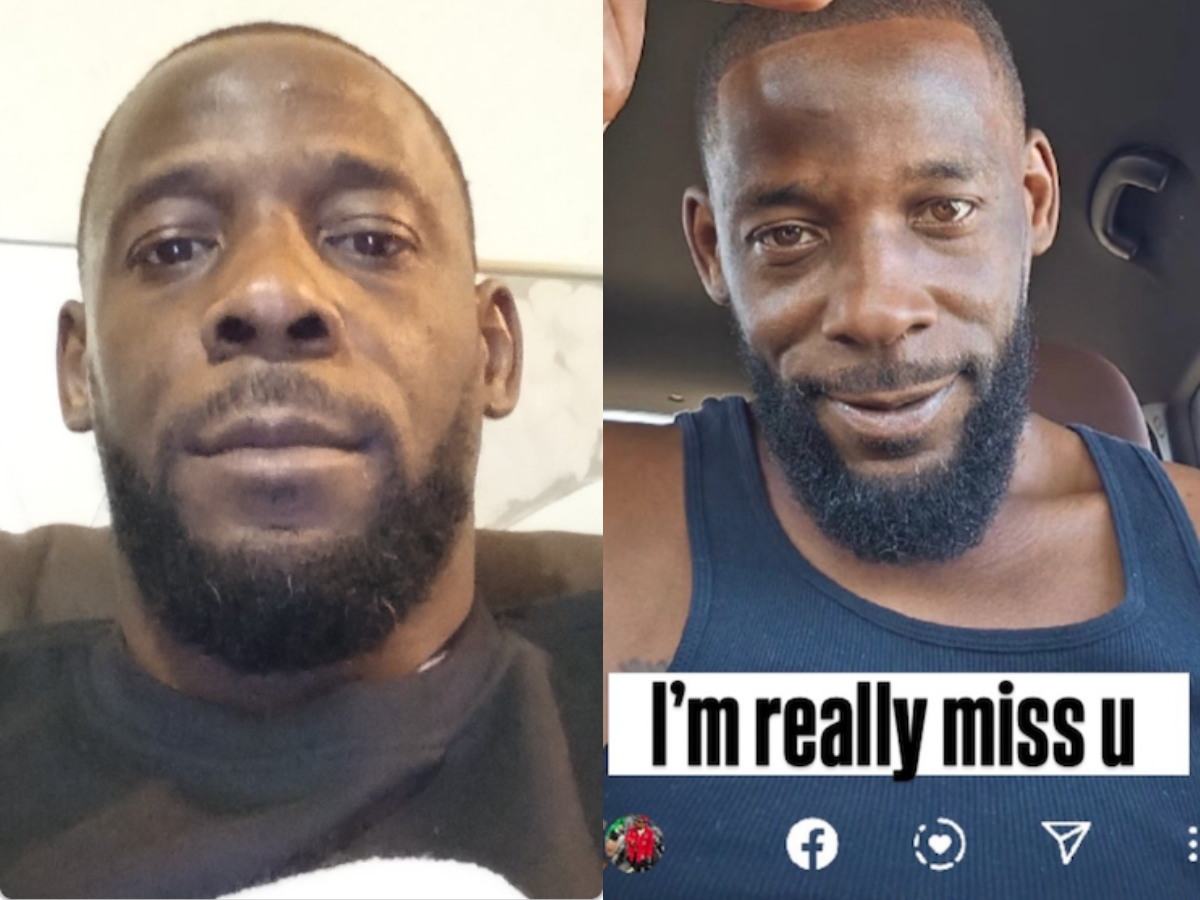 Side-by-side photos of a man with a beard; left image shows him in a neutral pose, right image shows him smiling with text that reads "I'm really miss u.